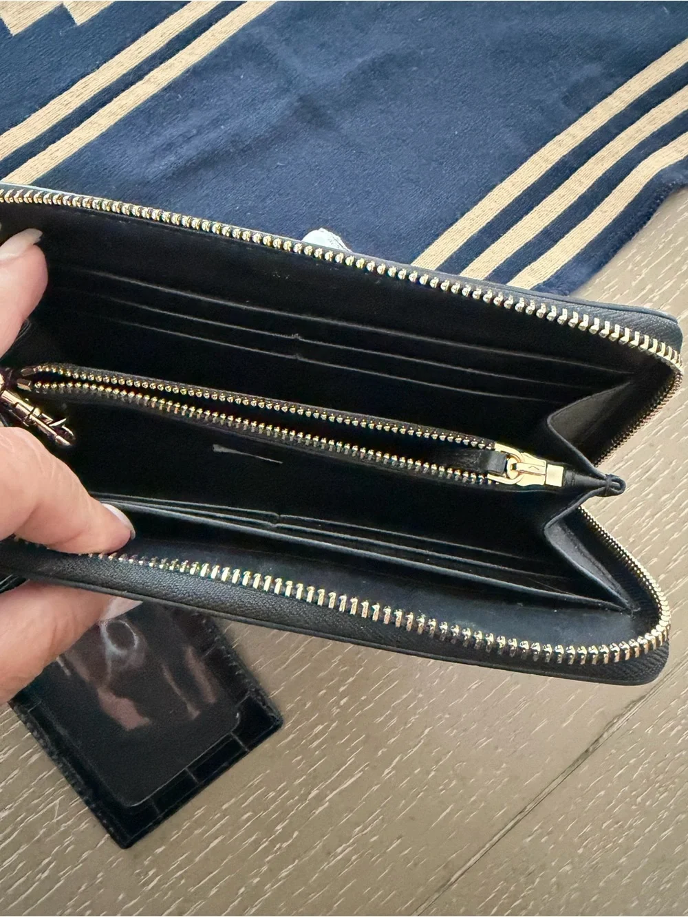 Tory Burch Black Croc-Embossed Zip Wallet with Gold Logo and Card Case